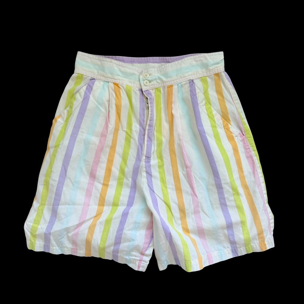 Esprit Vintage Pastel Vertical Stripe‎ High Waisted Pleated Shorts Multi Color